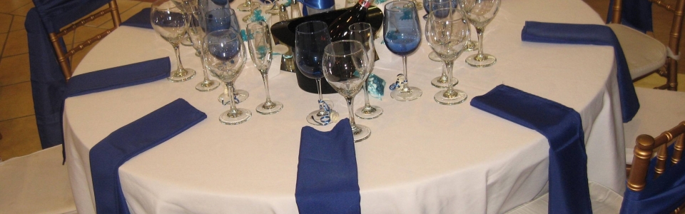 blue glassware royal blue napkin sash top hat ice bucket